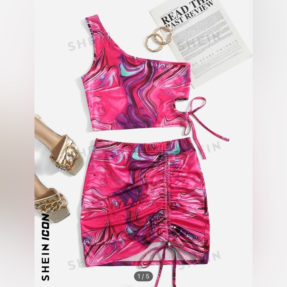 SHEIN ICON One Shoulder Marbled Print Top & Drawstring Side Skirt Set 🍭